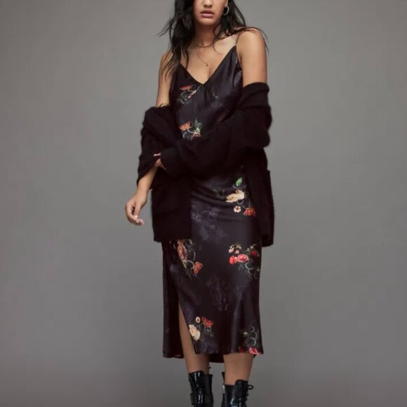 All Saints Melody Nancy Midi Dress Silk Blend Floral Sz 6 Cocktail Edgy Goth - Picture 13 of 13